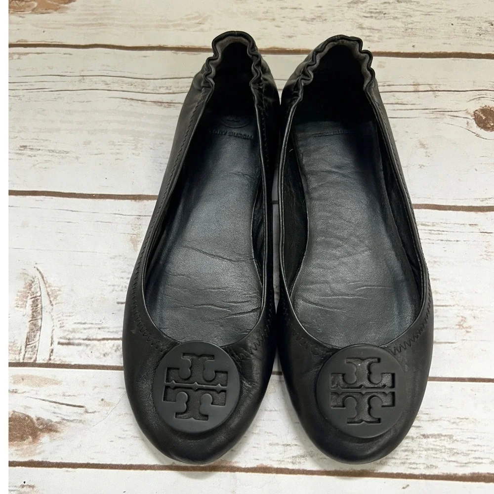 Tory Burch Minnie Travel Ballet Flats Black Leather Tonal Logo 8.5
